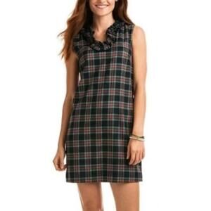 Vineyard Vines Tartan Plaid Ruffle Neck Dress Sleeveless Wool Blend Navy Green 4